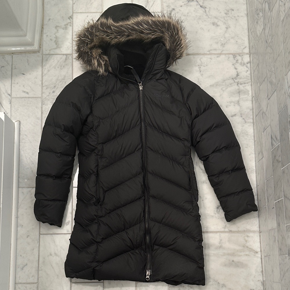 Marmot Girls Black Puffer Jacket with Faux Fur Hood